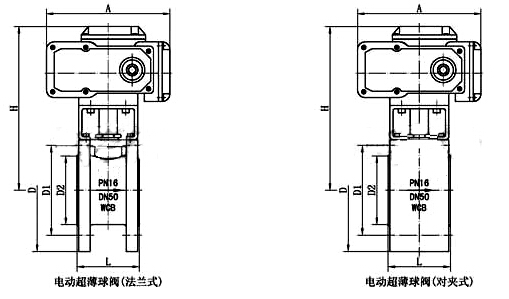 电动超薄型球阀主要外形及连接尺寸