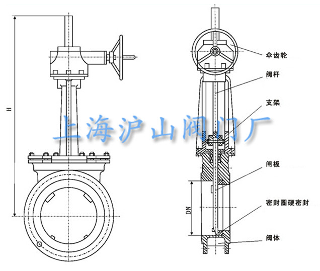 PZ573伞齿轮对夹式刀形闸阀结构图